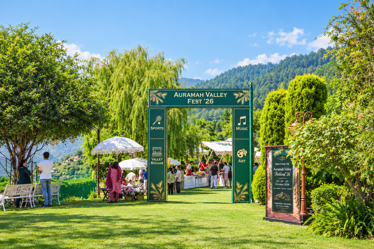 Auramah Valley Fest 2026 entrance arch surrounded by greenery and mountains in Naldehra
